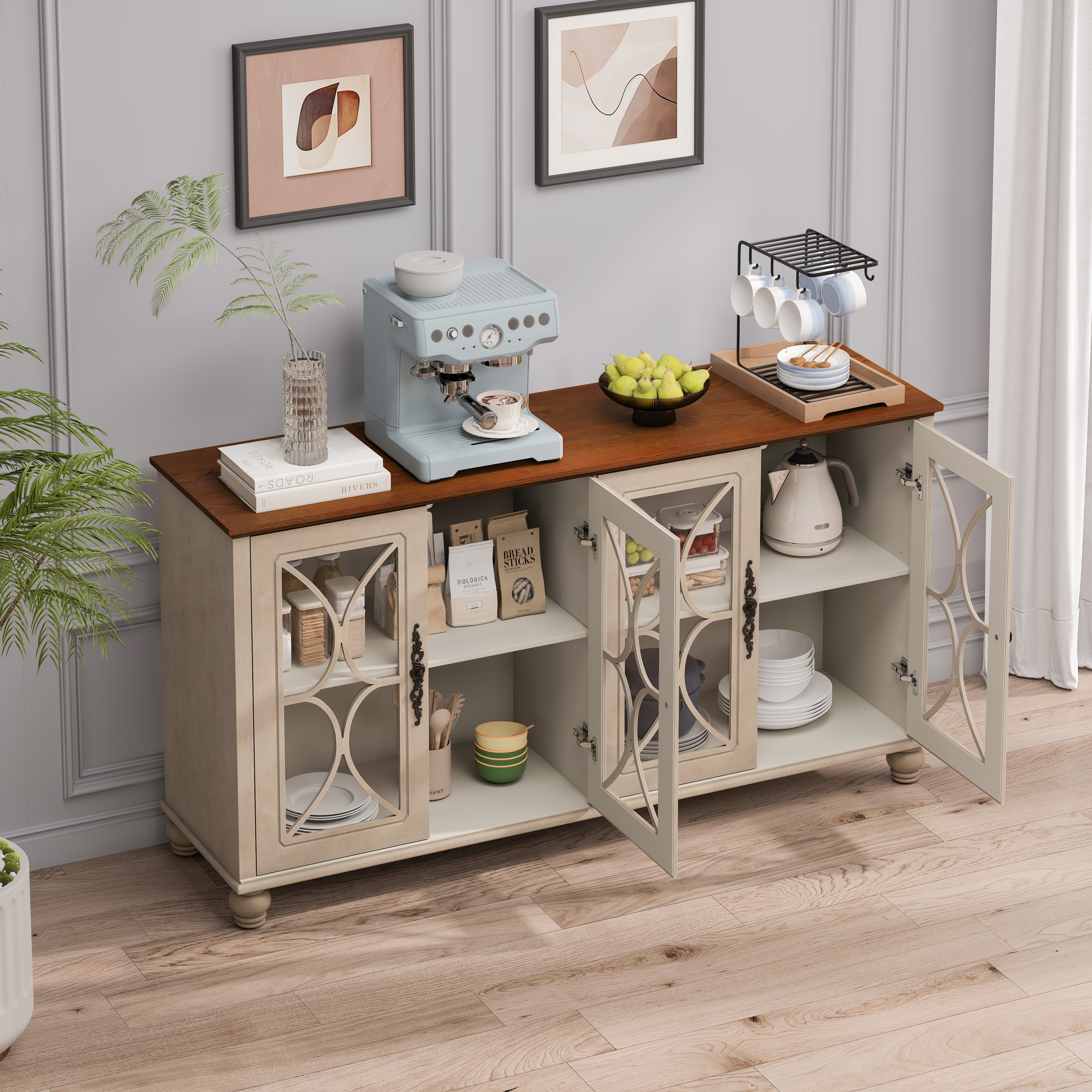 Elegante Gabinete de Estilo Antiguo Europeo con 4 Puertas de Vidrio Templado, para Comedor, Sala de Estar, Pasillo, Ensamblaje Fácil, Beige