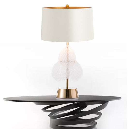 Vintage Drum Glass Table Lamp - White/Gold Finish with Crystal Leaf Decoration - 1-Light Bedside Nightstand