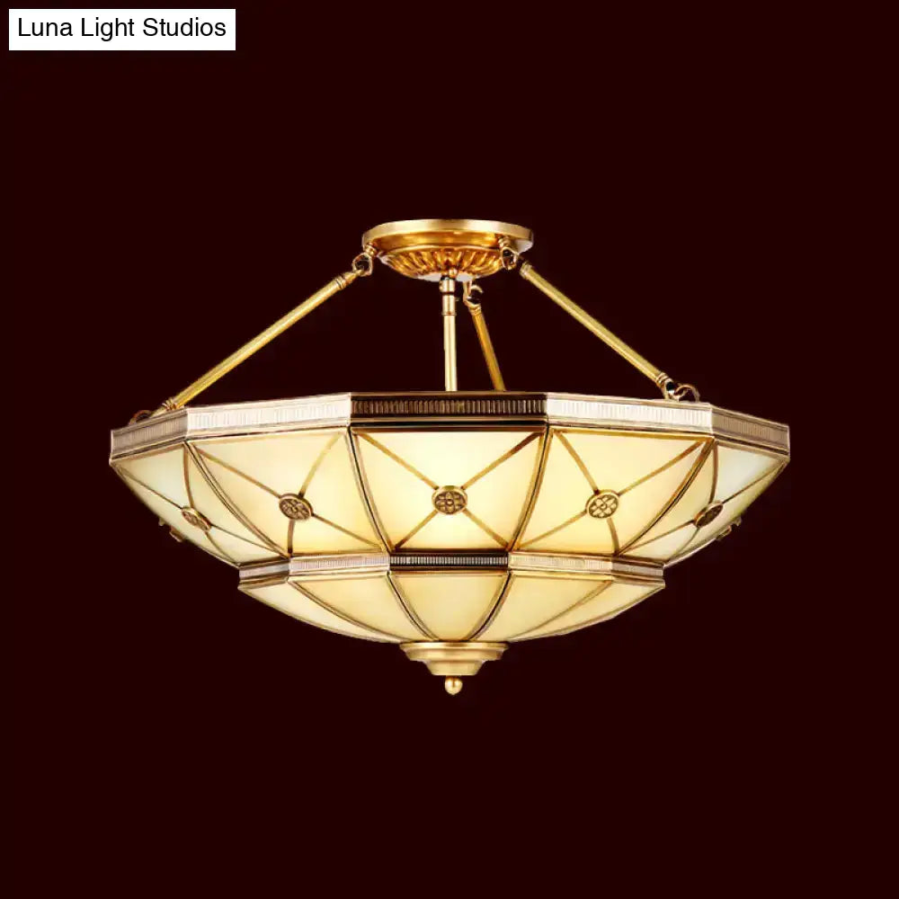 23.5"/32" W 6/9-Light Semi Flush Mount Umbrella Frosted Glass Light, Traditional Brass Style