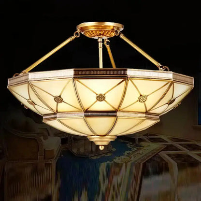 23.5"/32" W 6/9-Light Semi Flush Mount Umbrella Frosted Glass Light, Traditional Brass Style