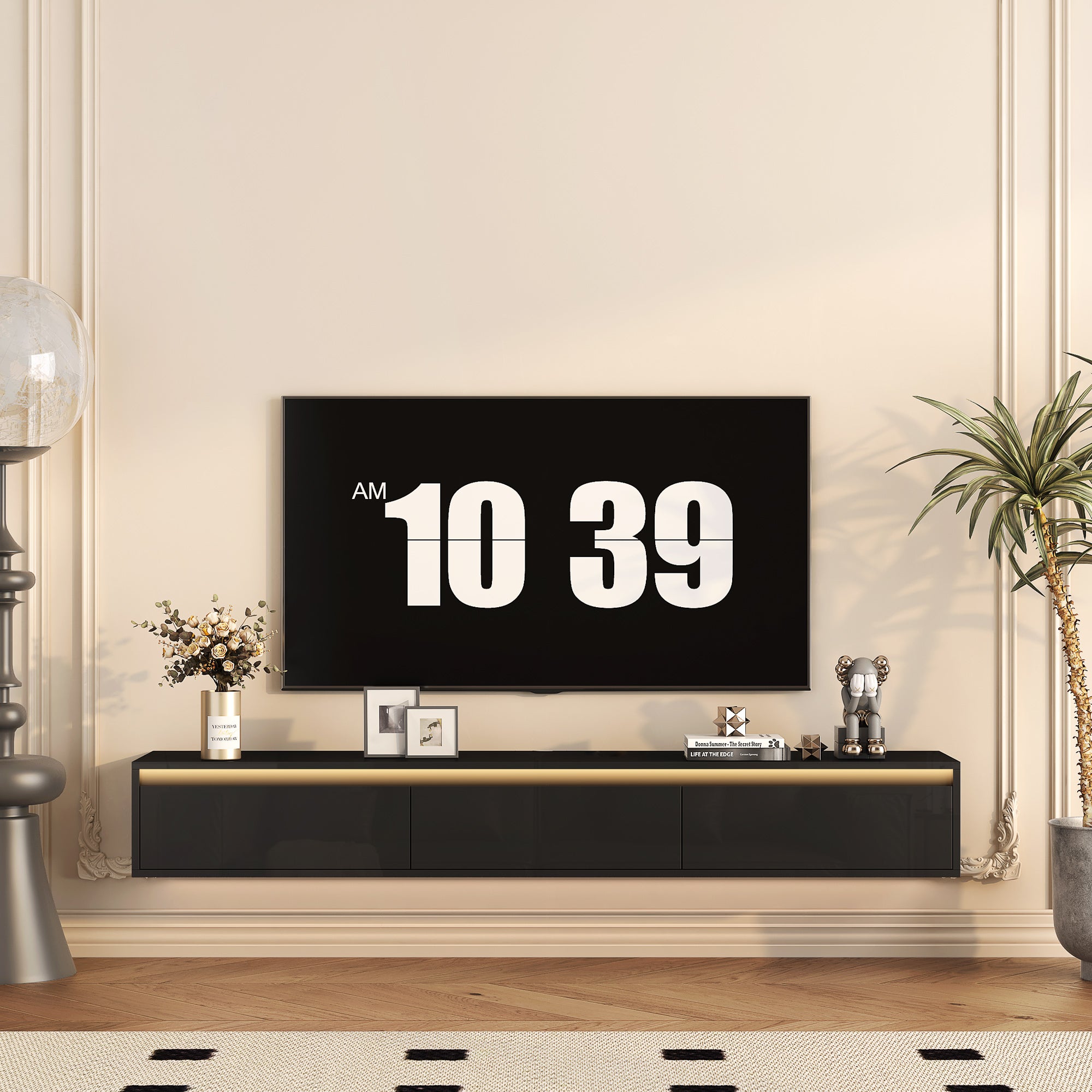 Mueble de TV Flotante, Estante de TV Montado en la Pared con Luces LED y Toma de Corriente, Gabinete de TV de Alto Brillo para Soporte de TV Negro para Sala de Estar