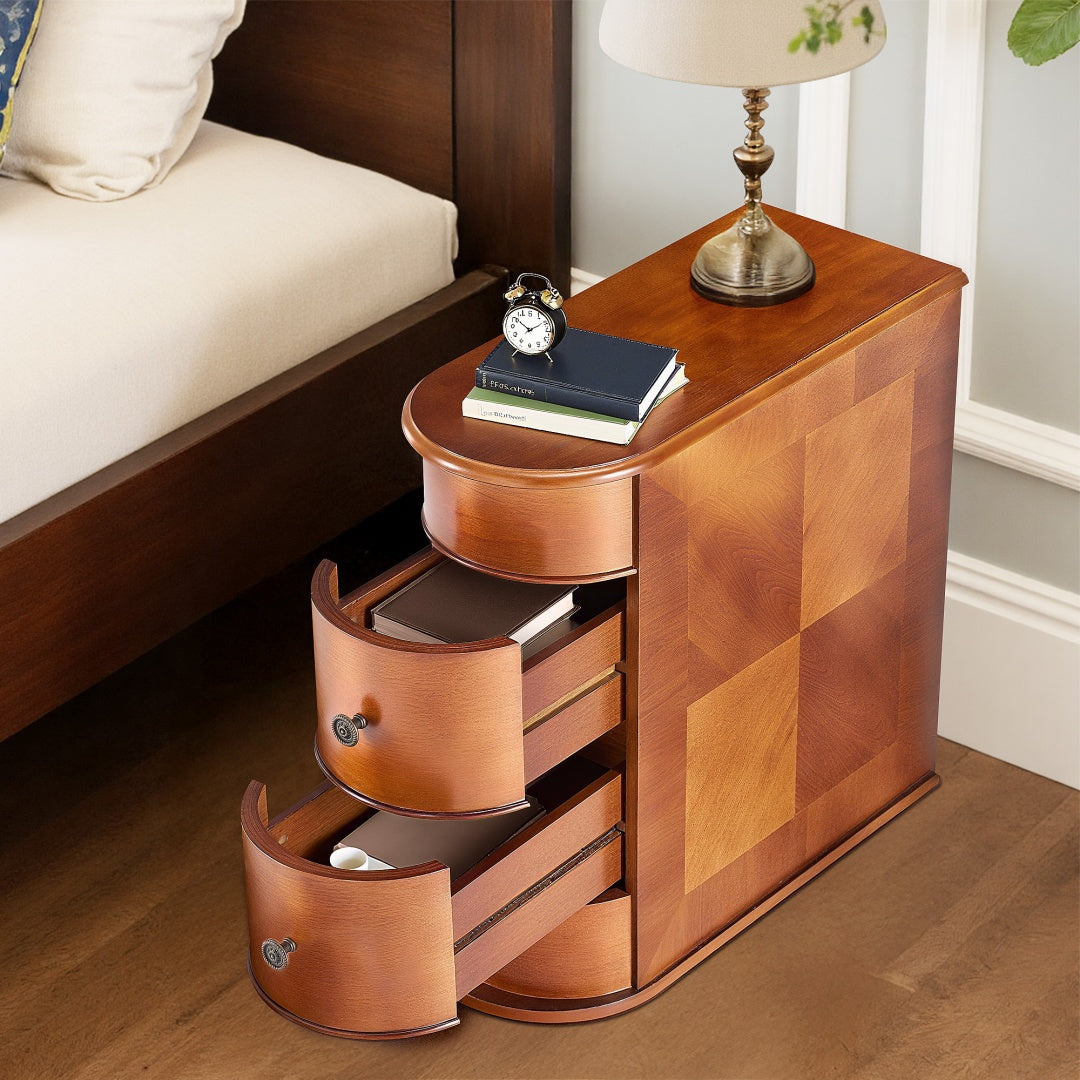 Mesa de Apariencia Lateral con 2 Cajones, Mueble de Noche Alto Mesa de Noche Vintage para Cama sin Ensamblaje Apariencia Nocturna con Borde Curvo Espacio de Almacenamiento