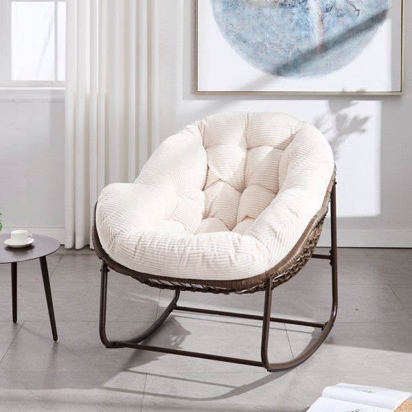 Silla Mecedora de Mimbre Exterior, Silla Mecedora Reclinable con Cojín Acolchado para Exterior en Pórtico Delantero, Sala de Estar, Terraza, Jardín, Blanco-Prohibida su Venta en la Plataforma Temu