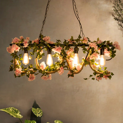 DecorBites™ Black Metal 4-Light Linear Island Lamp with Hanging Artificial Plant - Lodge Style