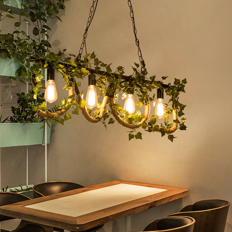 DecorBites™ Black Metal 4-Light Linear Island Lamp with Hanging Artificial Plant - Lodge Style