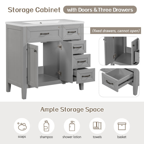Lavabo de baño de 36 pulgadas con combinación de fregadero, gabinete de baño gris con cajones, marco sólido y tablero de MDF