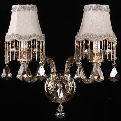 Aplique de pared de tela de estilo antiguo con 2 luces y flecos para dormitorio - Diseño festoneado ámbar