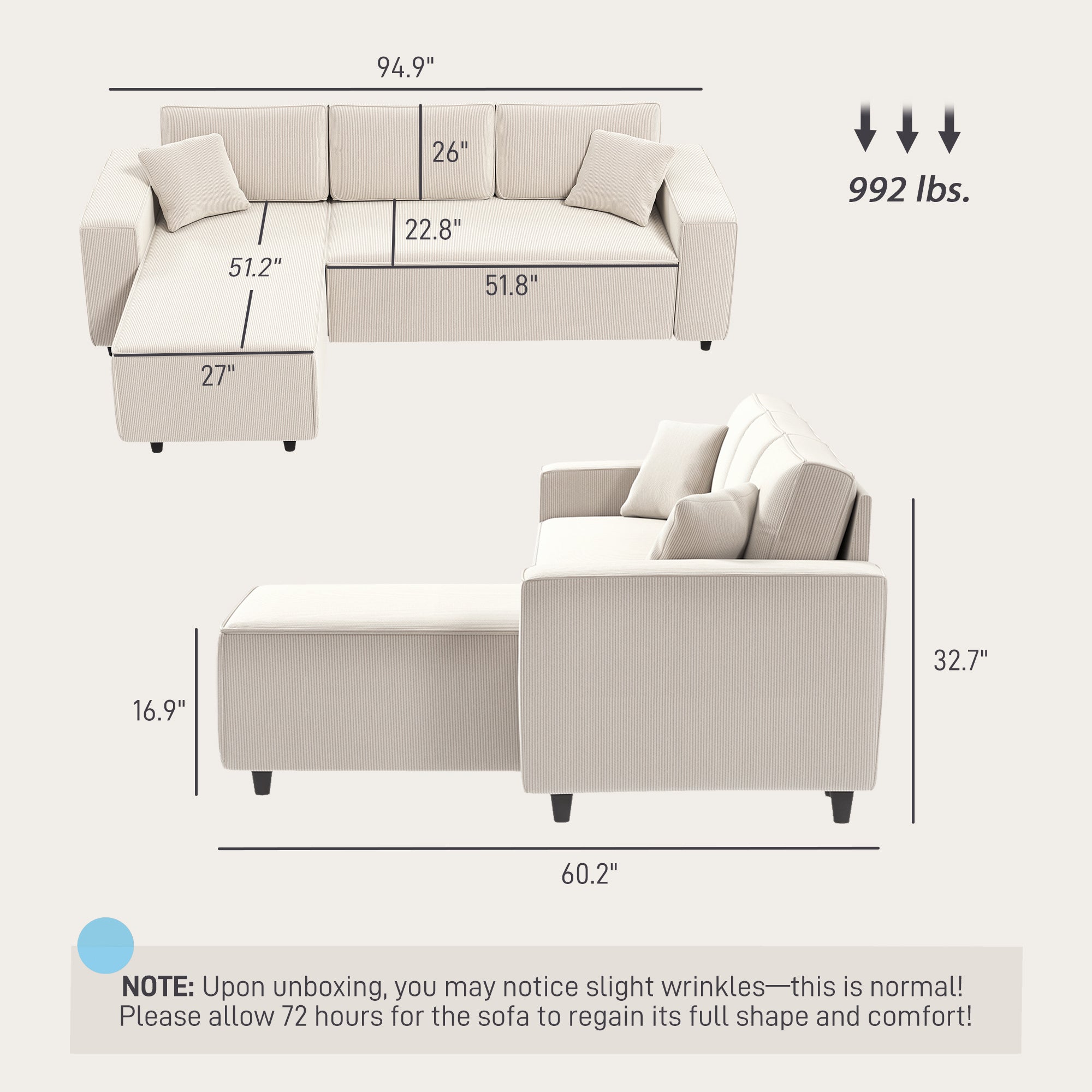 Cream Corduroy Sectional Sofa