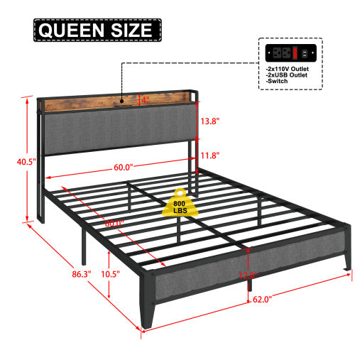 Queen Size Bed Frame With Charging Station, Upholstered Headboard, Metal Platform, Grey