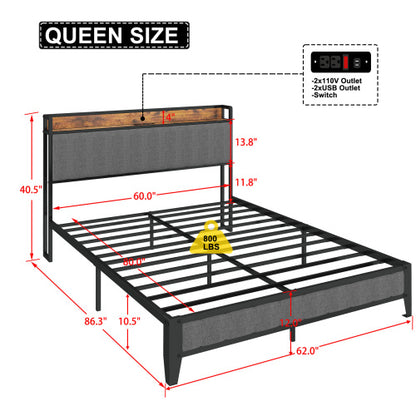 Queen Size Bed Frame With Charging Station, Upholstered Headboard, Metal Platform, Grey
