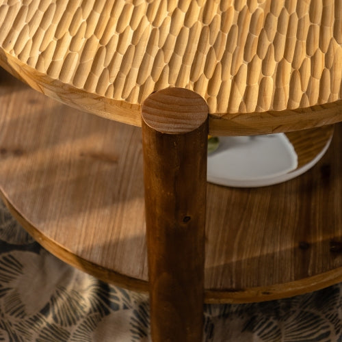 Mesa de Centro Redonda de Madera Maciza para Sala de Estar, Mesa de Centro Redonda de 2 Niveles con Estante de Almacenamiento, Mesa de Centro de Estilo Moderno de Mediados de Siglo, Espacio Pequeño en el Hogar, Ensamblaje Fácil
