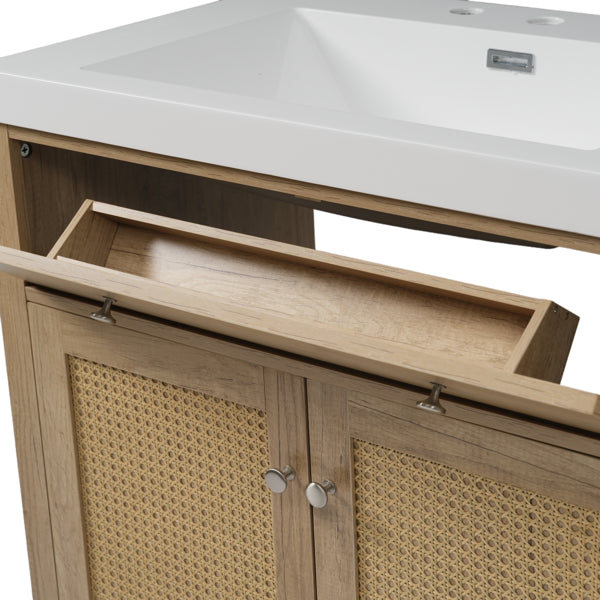Tocador de Baño de 60 Pulgadas con Doble Lavabo (Lavabo SMC), Amplio Espacio de Almacenamiento con 2 Bandejas Plegables / Cajones Extensibles y 4 Puertas de Cierre Suave, Patas de Madera Sólida y Perillas de Metal Plateado, Color de Madera