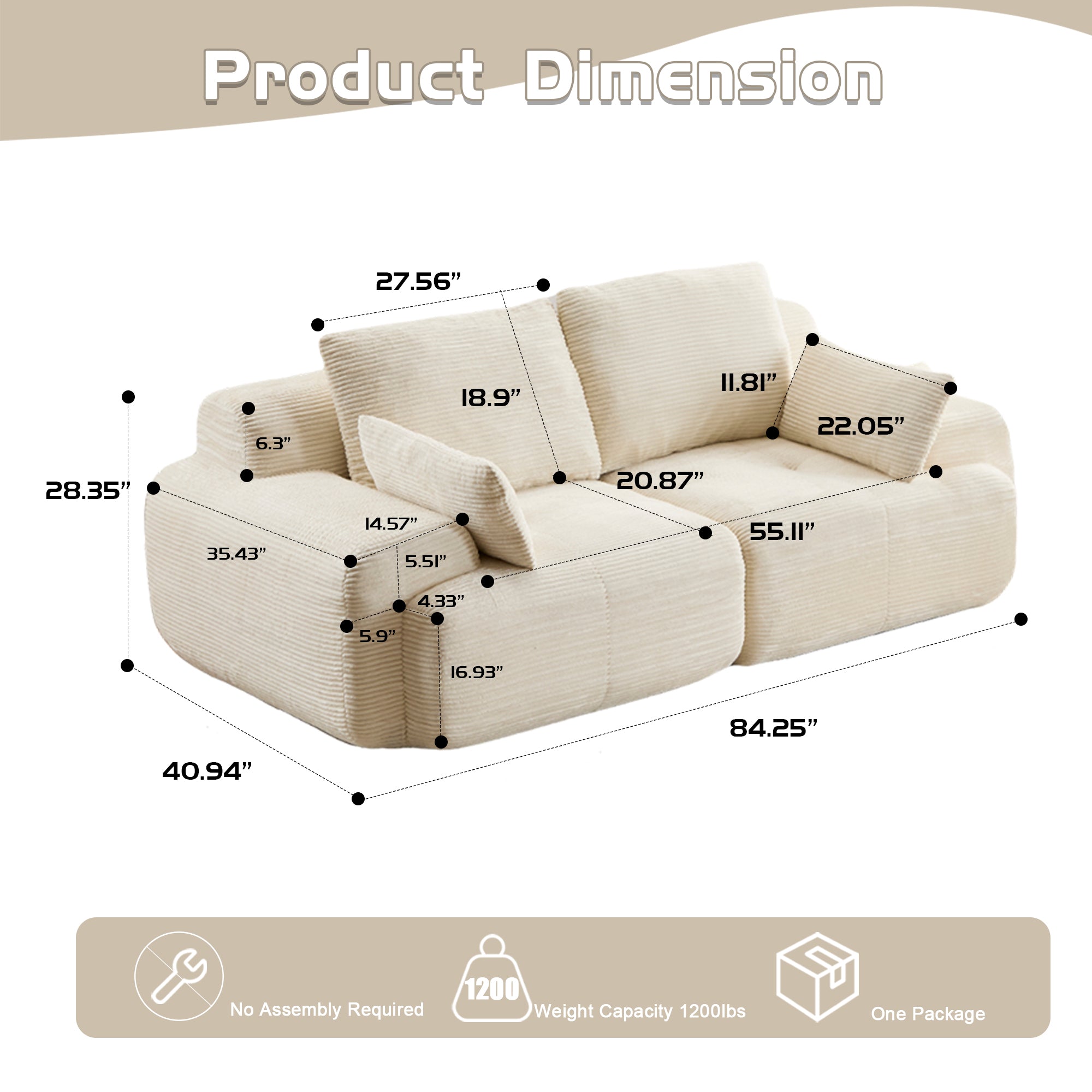 Sofá Comprimido de Espuma de Memoria Moderna, Sofá Seccional Grande de 2 Plazas para Sala de Estar, Sofá Seccional Modular Nube Amigable con Mascotas, Tela de Corduroy, Loveseat Extra Profundo, Sin Ensamblaje Requerido, Beige