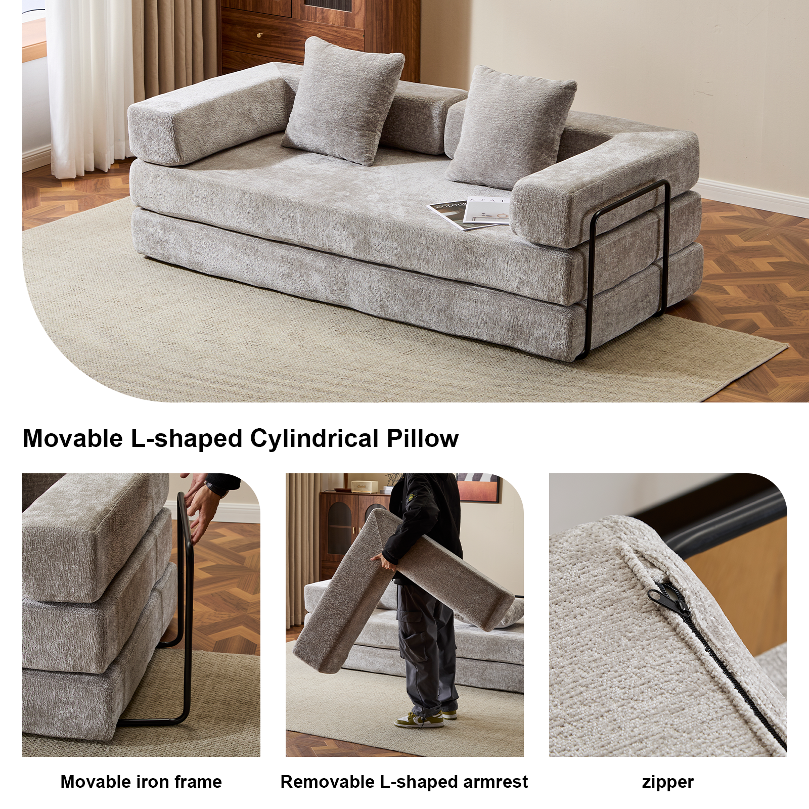 Sofá de Suelo, Sofá con Compresión, Sofá Cama Convertible de Suelo - con Soporte de Espalda en Almohada y Reposabrazos, Sofá Futón Cómodo para Reposar Cama para Dormir, Tejido de Chenille, para Sala de Estar y Dormitorio GRIS CLARO