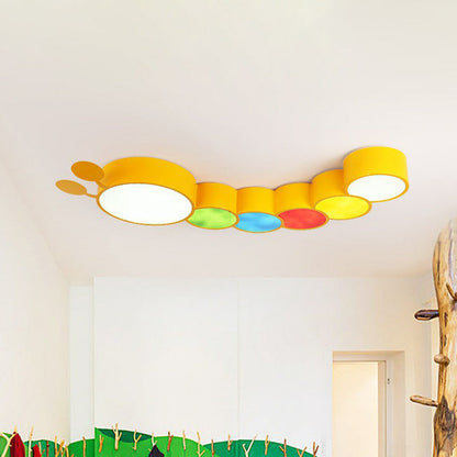DecorBites™ DecorBites™ Lighting Up Learning: Yellow Metal LED Flush Mount Fixture with Adorable Cartoon Caterpillar Design for Kindergarten Spaces