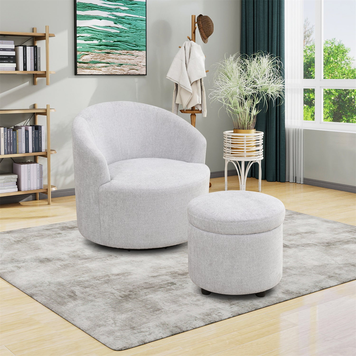 Conjunto de Sofá y Taburete con Función de Almacenamiento, Tela de Arpillera Transpirable Gris-Blanco
