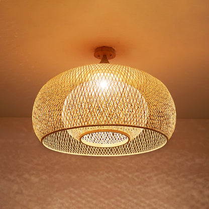 DecorBites™ DecorBites™ Bamboo Criss-Cross Ceiling Lamp: Asian Wood Flush Mount Light for Bedroom