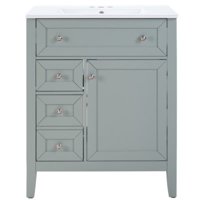 Lavabo de Baño en Madera Maciza con Fregadero de Cerámica de Montaje Inferior, 12 Guías de Cajón de Cierre Suave, Cajón Volteable, Cajón de Almacenamiento Único, Estante Ajustable, Capacidad de Carga de 70 kg, Gris