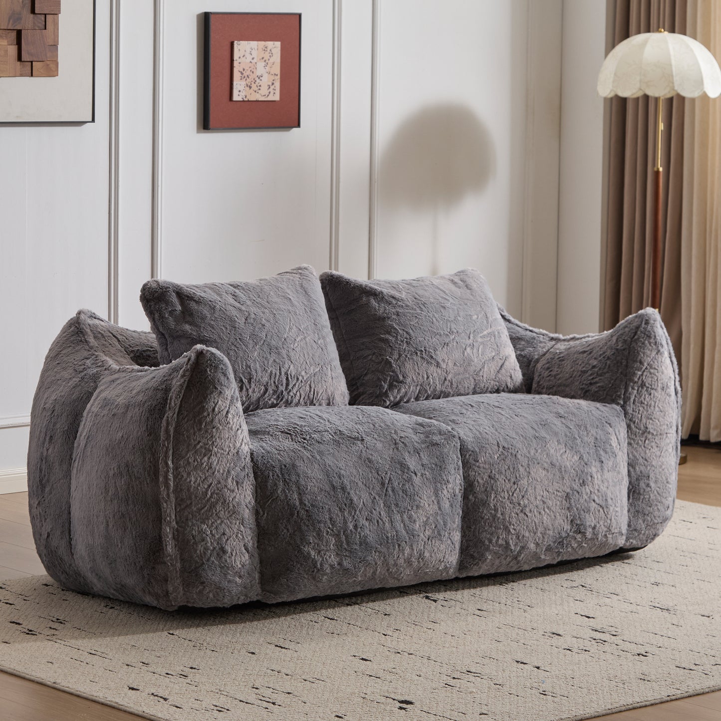 Giant Bean Bag Couch For Adults, Ultra Soft Fluffy Loveseat Bean Bag Sofa, Oversized Chase Lounge Chair Indoor For Living Room Bedroom, No Assembly Required Cozy Reading Chair With Pillows, Grey