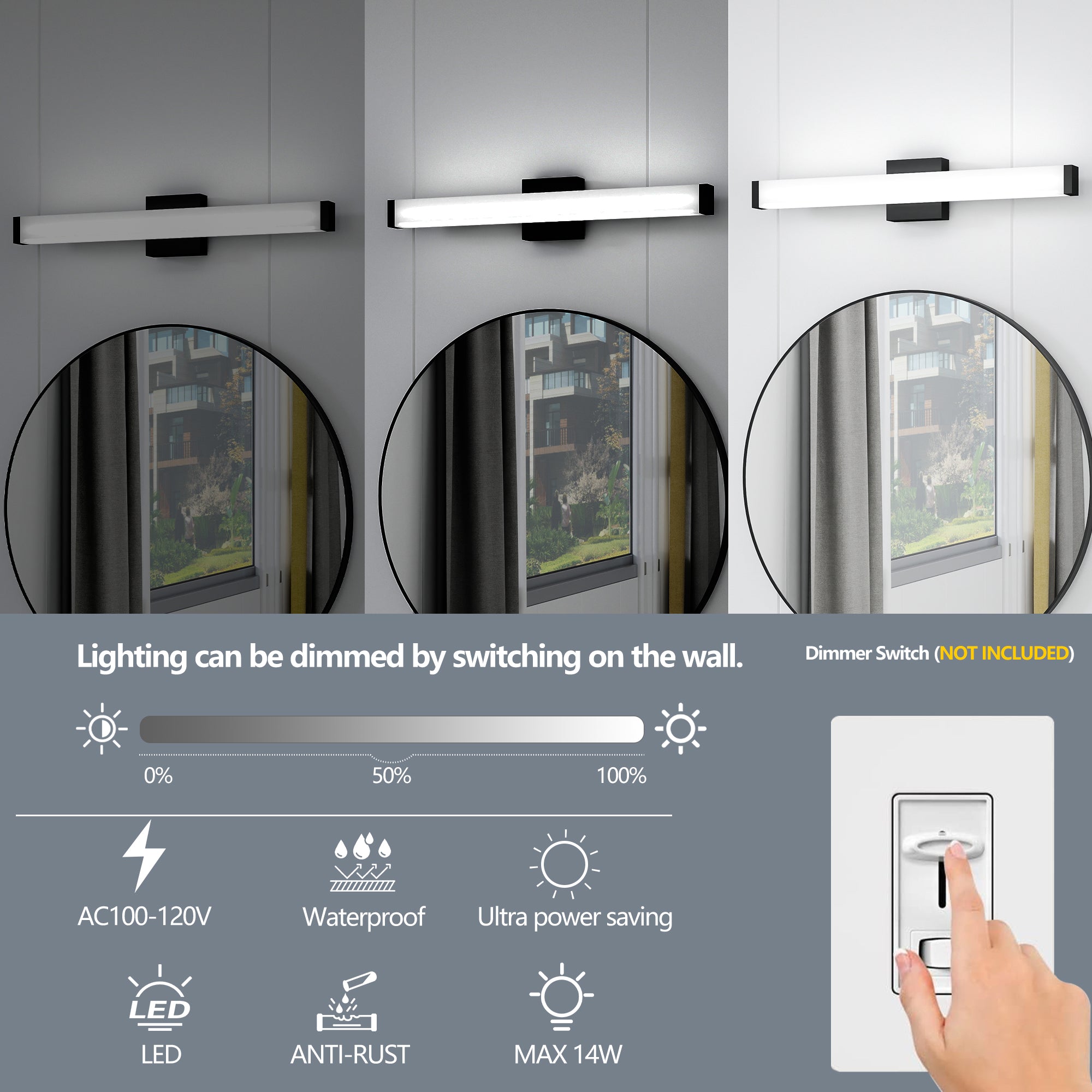 Luz para Tocador de Baño Negro - 25 Pulgadas Luces Modernas para Tocador de Baño - 14W Luces LED para Baño Sobre el Espejo Luz Blanca Fría 6000K