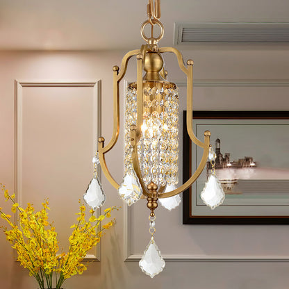 Vintage Metal Lantern Frame Pendant Ceiling Light with Crystal Accent - Brass Finish