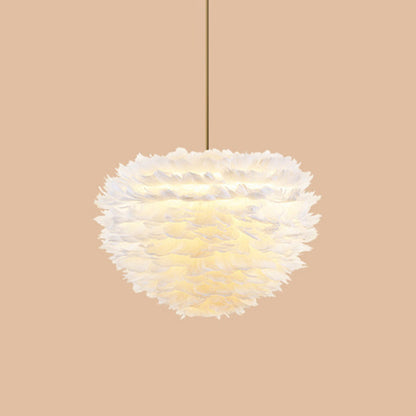 Modern Hand-Woven Feather Globe Chandelier for Bedroom - White Pendant Light