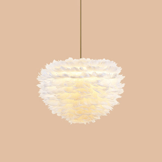 Modern Hand-Woven Feather Globe Chandelier for Bedroom - White Pendant Light