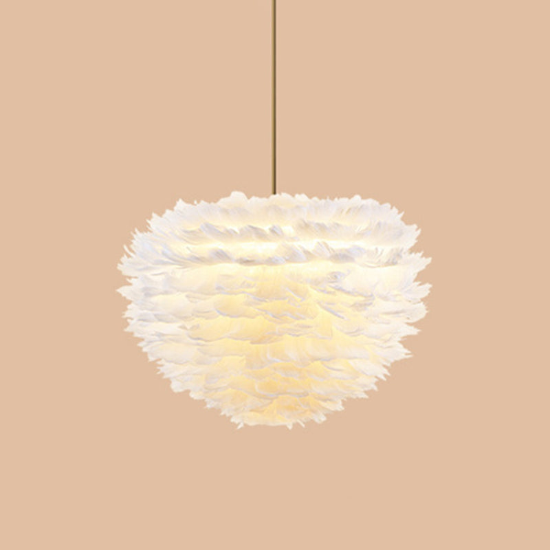 Modern Hand-Woven Feather Globe Chandelier for Bedroom - White Pendant Light