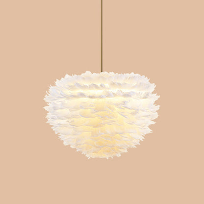 Modern Hand-Woven Feather Globe Chandelier for Bedroom - White Pendant Light