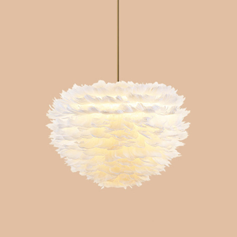 Modern Hand-Woven Feather Globe Chandelier for Bedroom - White Pendant Light