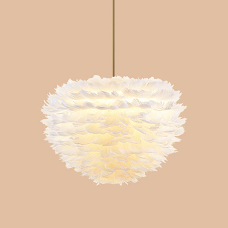 Modern Hand-Woven Feather Globe Chandelier for Bedroom - White Pendant Light