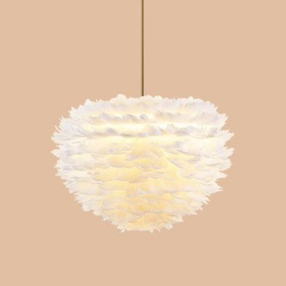 Modern Hand-Woven Feather Globe Chandelier for Bedroom - White Pendant Light