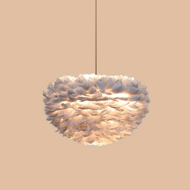 Modern Hand-Woven Feather Globe Chandelier for Bedroom - White Pendant Light