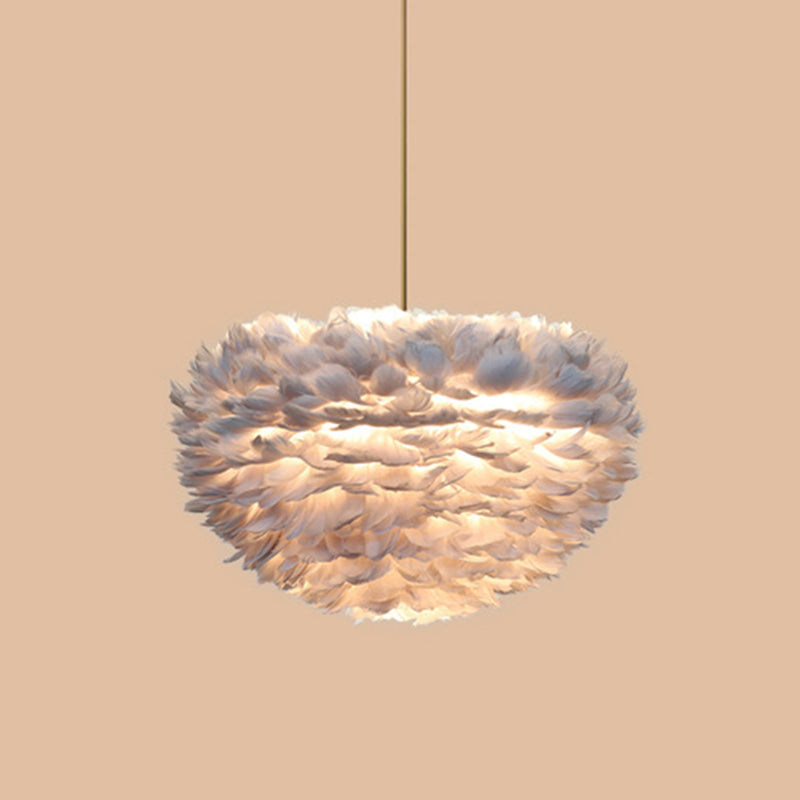 Modern Hand-Woven Feather Globe Chandelier for Bedroom - White Pendant Light