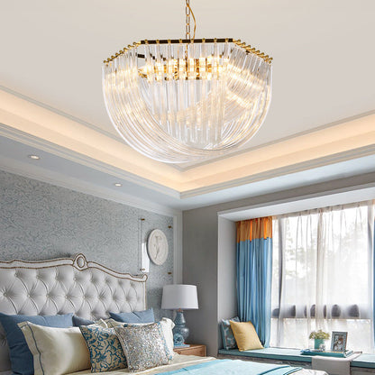 Modern Transparent Glass Tiered Tassel Chandelier with Crystal Accents - Golden Light Holder, Living Room Pendant Lights