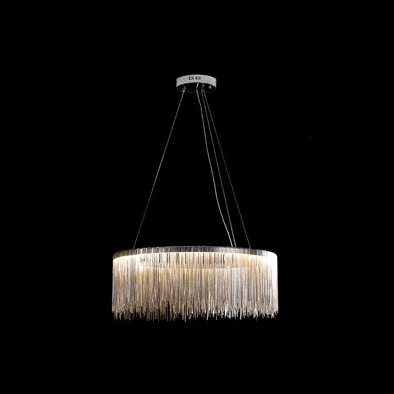 Lámpara de araña moderna circular de metal con borla y cadena - Lámpara colgante para sala de estar con luces LED de 3 colores