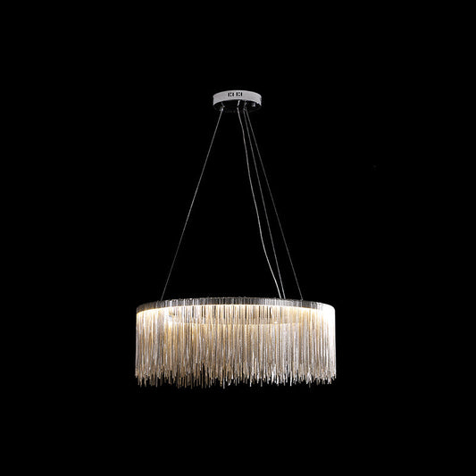 Modern Circular Metal Tassel Chain Chandelier - Living Room Pendant Lamp with 3-Colored LED Lights