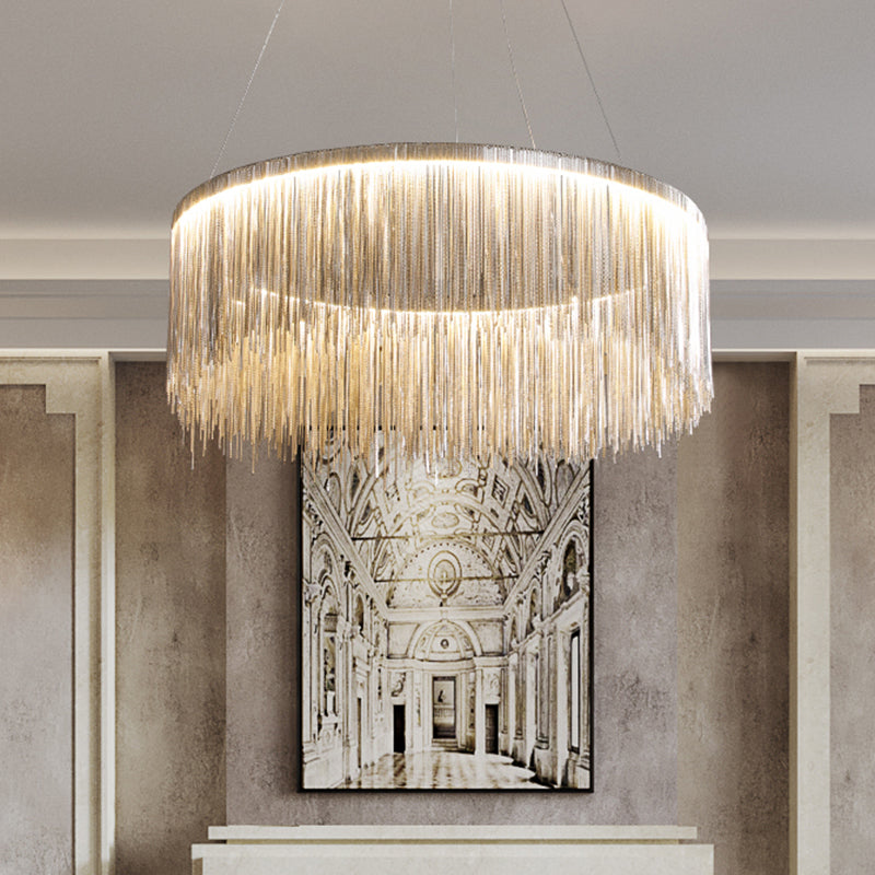 Lámpara de araña moderna circular de metal con borla y cadena - Lámpara colgante para sala de estar con luces LED de 3 colores