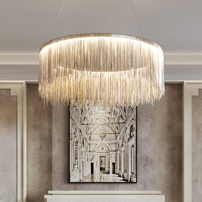 Lámpara de araña moderna circular de metal con borla y cadena - Lámpara colgante para sala de estar con luces LED de 3 colores