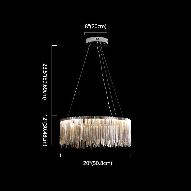 Lámpara de araña moderna circular de metal con borla y cadena - Lámpara colgante para sala de estar con luces LED de 3 colores