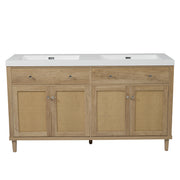Tocador de Baño de 60 Pulgadas con Doble Lavabo (Lavabo SMC), Amplio Espacio de Almacenamiento con 2 Bandejas Plegables / Cajones Extensibles y 4 Puertas de Cierre Suave, Patas de Madera Sólida y Perillas de Metal Plateado, Color de Madera