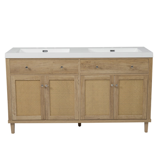 60 Inch Bathroom Vanity With Double Sink ( SMC Sink ), Large Storage Space With 2 Tip-Out Trays / Flip-Out Drawers And 4 Soft Closing Doors, Solid Wood Legs And Silver Metal Knobs, Wood Color