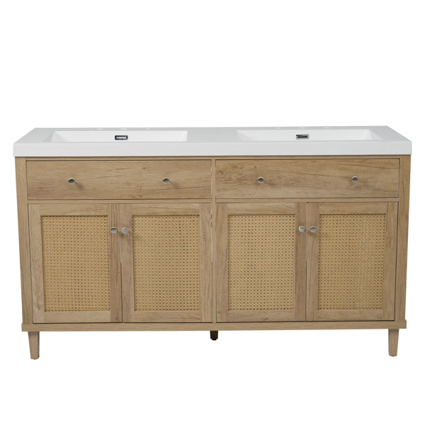 Tocador de Baño de 60 Pulgadas con Doble Lavabo (Lavabo SMC), Amplio Espacio de Almacenamiento con 2 Bandejas Plegables / Cajones Extensibles y 4 Puertas de Cierre Suave, Patas de Madera Sólida y Perillas de Metal Plateado, Color de Madera
