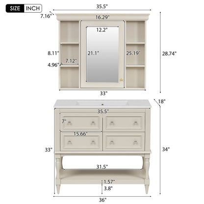 36'' Bathroom Vanity With Medicine Cabinet, Modern Mirror Cabinet With Adjustable Shelf, Bathroom Storage Cabinet With 4 Drawers, Solid Wood Frame Bathroom Storage Cabinet