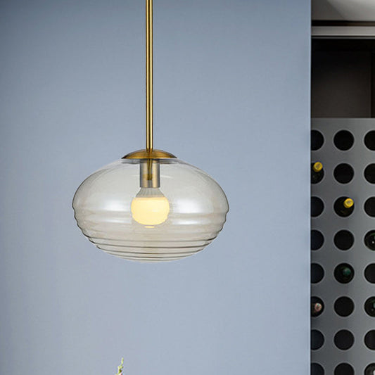 Lámpara colgante posmoderna dorada de una cabeza con cristal prismático transparente y soporte de techo ovalado