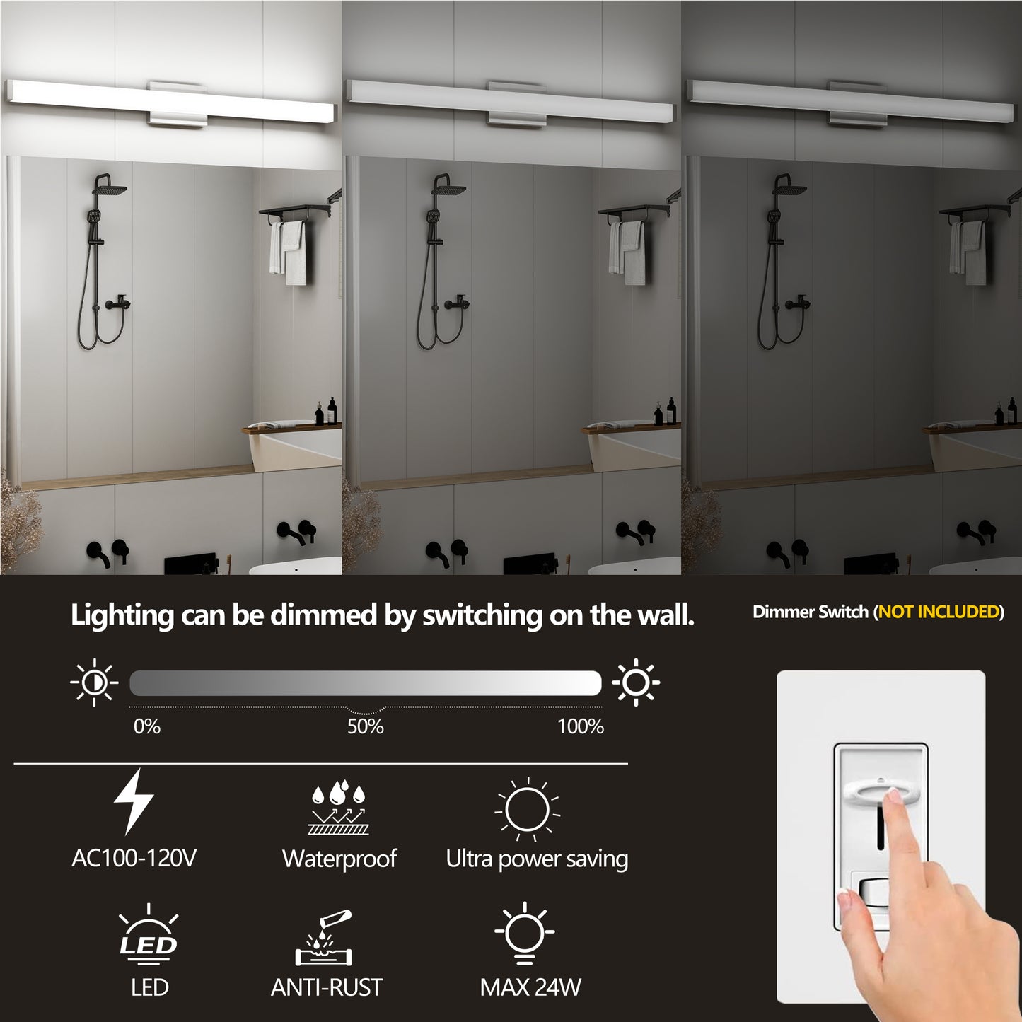 Bathroom Vanity Light Brushed Nickel Square LED 41 Inch 24W 6000K Cool White Light Wall Bar Lighting Fixtures Over Mirror -Brushed Nickel, 41in