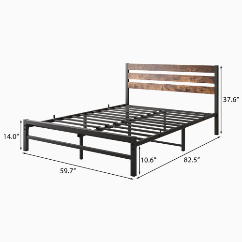 Marco de Cama Plataforma de Tamaño Queen con Cabecero de Madera Rústica Vintage, Listones de Metal Resistentes que Sostienen la Base del Colchón, No se Requiere Resorte de Caja en Marrón Rústico