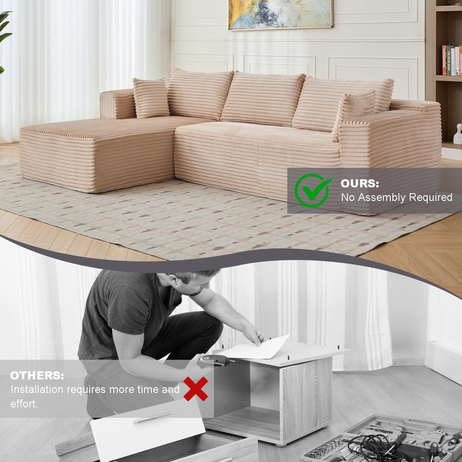 Sofá Cama de Compresión en Forma de L, Sofá Seccional Convertible con Soporte de Respaldo en Almohadas - Chaise Longue de Piso Plegable, Futón Dormitorio de Tela de Corduroy para Sala de Estar, Dormitorio, Sala de Juegos SIN TEMU
