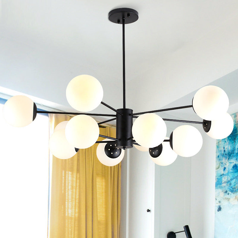 Modern Black 12-Light Chandelier with Frosted Glass Ball Shades - Perfect for Bedroom and Living Room Lighting