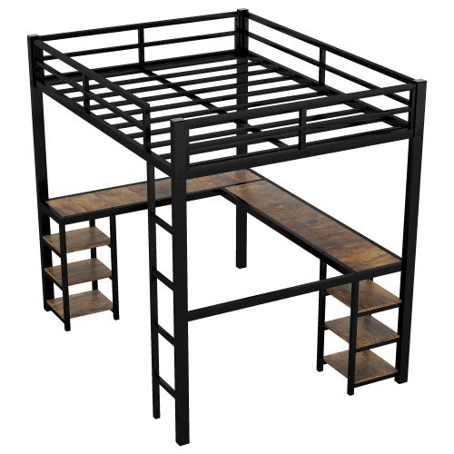 Cama Alta de Metal XL Completa con Escritorio y Estanterías, Cama Alta con Escalera y Barandales, Marco de Cama Alta para Dormitorio, Negro